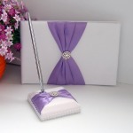 White Wedding Guest Register Book - Purple Bow & Diamante Stud  + Silver Pen & Stand